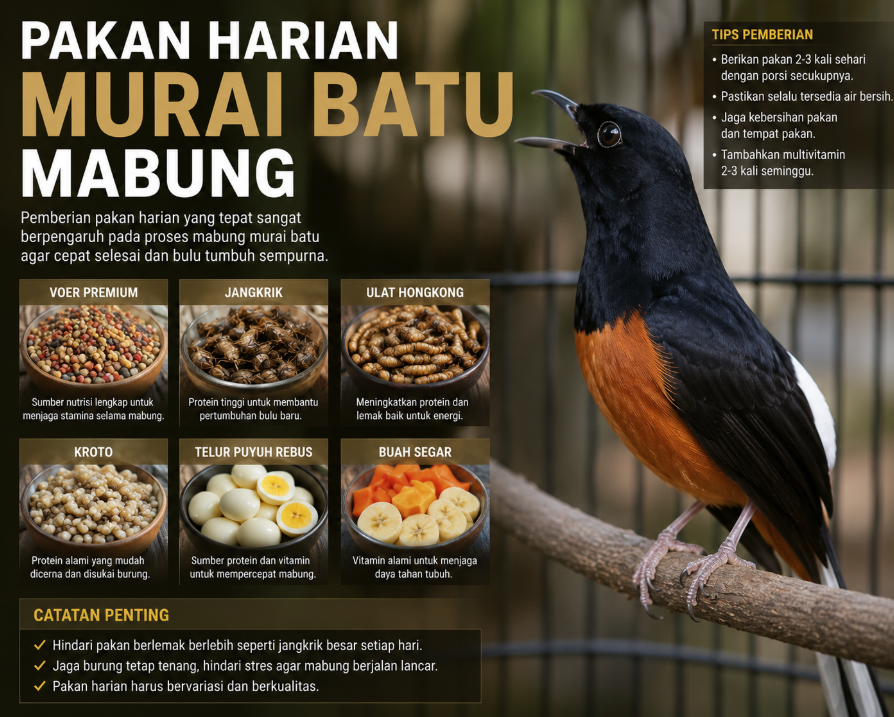 Pakan Harian Murai Batu Mabung: Racikan Nutrisi Tepat Agar Bulu Tumbuh Mewah Pakan Harian Murai Batu Mabung: Racikan Nutrisi Tepat Agar Bulu Tumbuh Mewah